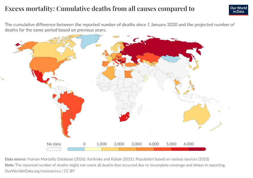 A thumbnail of the "Excess mortality: Cumulative deaths from all causes compared to projection based on previous years, per million people" chart