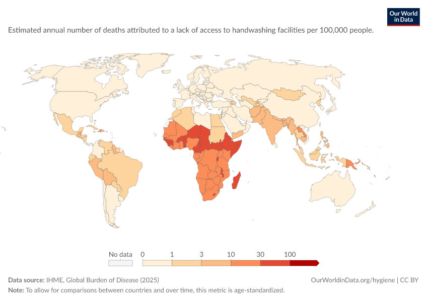 A thumbnail of the "Rate of deaths attributed to no access to handwashing facilities" chart